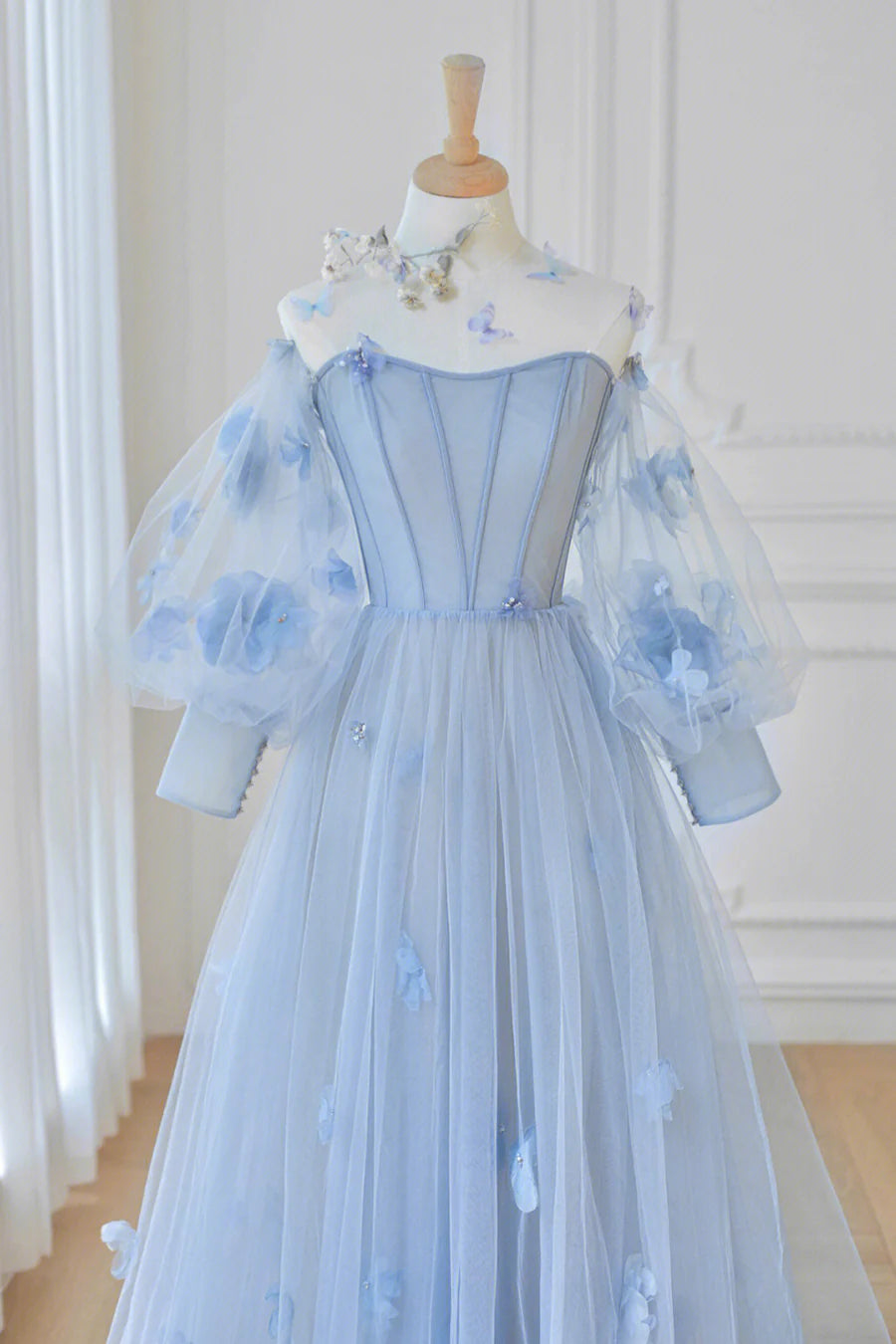 Blue Tulle Long Sleeve Prom Dresses, Cute A-Line Evening Dresses with Applique TP674