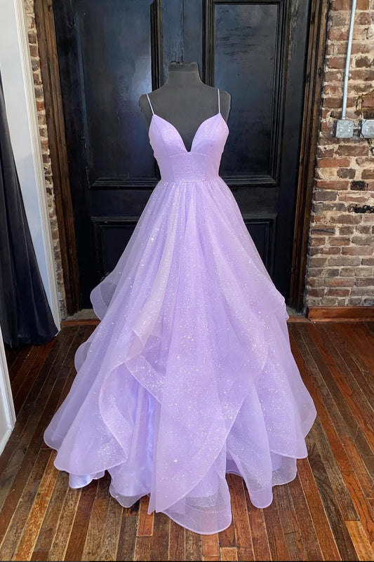 Purple V-Neck Tulle Long Prom Dresses, A-Line Evening Dresses TP676