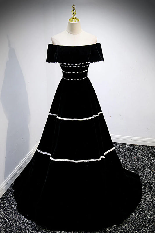 Black Velvet Long Prom Dresses, A-Line Off the Shoulder Evening Dresses TP677