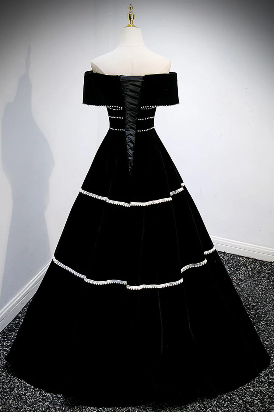 Black Velvet Long Prom Dresses, A-Line Off the Shoulder Evening Dresses TP677