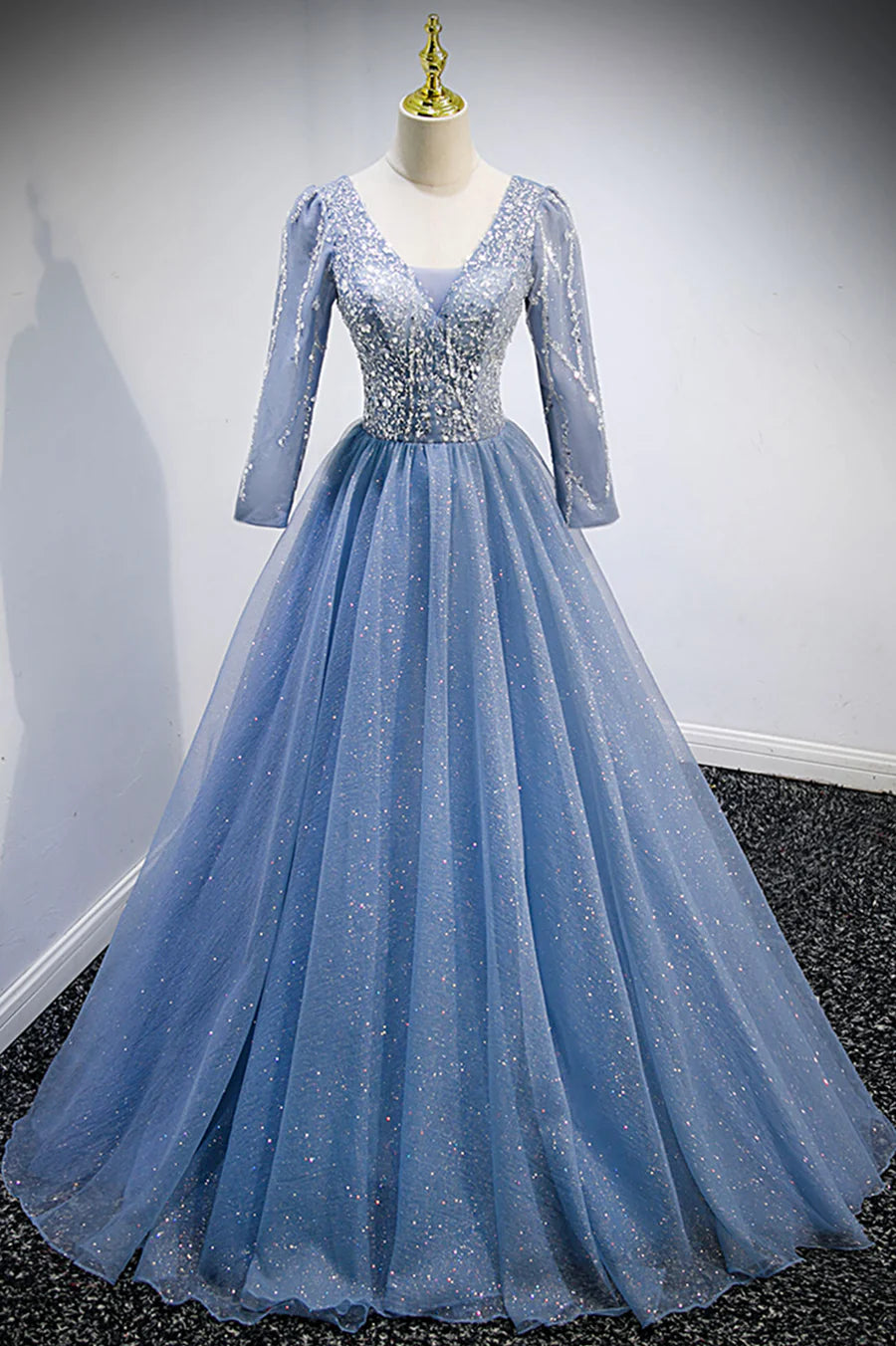Previous Next   Blue V-Neck Tulle Beading Long Prom Dresses, Long Sleeve Evening Dresses TP678
