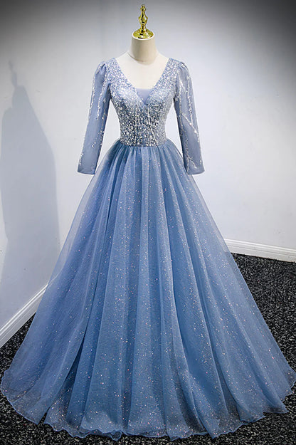 Previous Next   Blue V-Neck Tulle Beading Long Prom Dresses, Long Sleeve Evening Dresses TP678