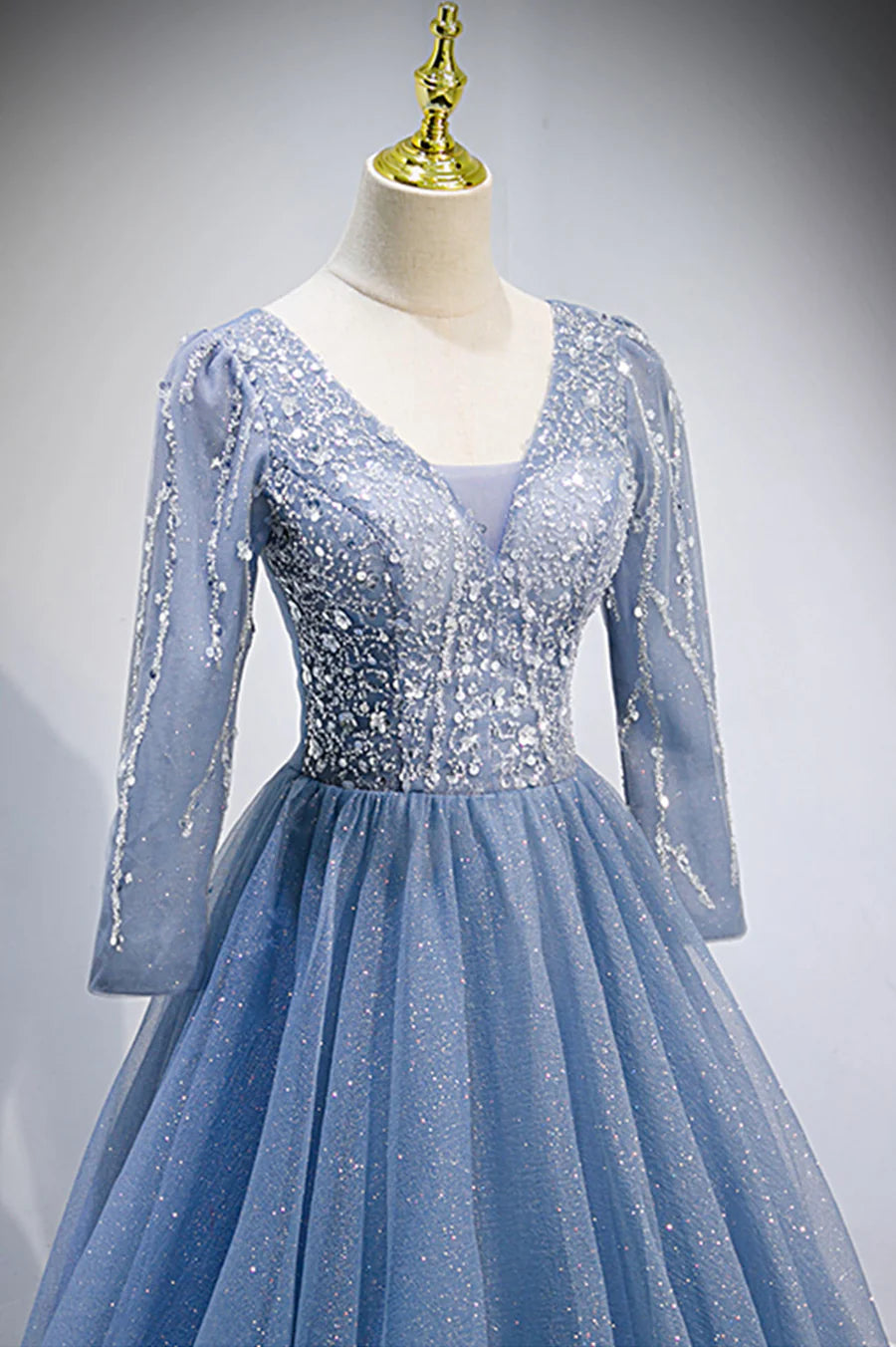 Previous Next   Blue V-Neck Tulle Beading Long Prom Dresses, Long Sleeve Evening Dresses TP678