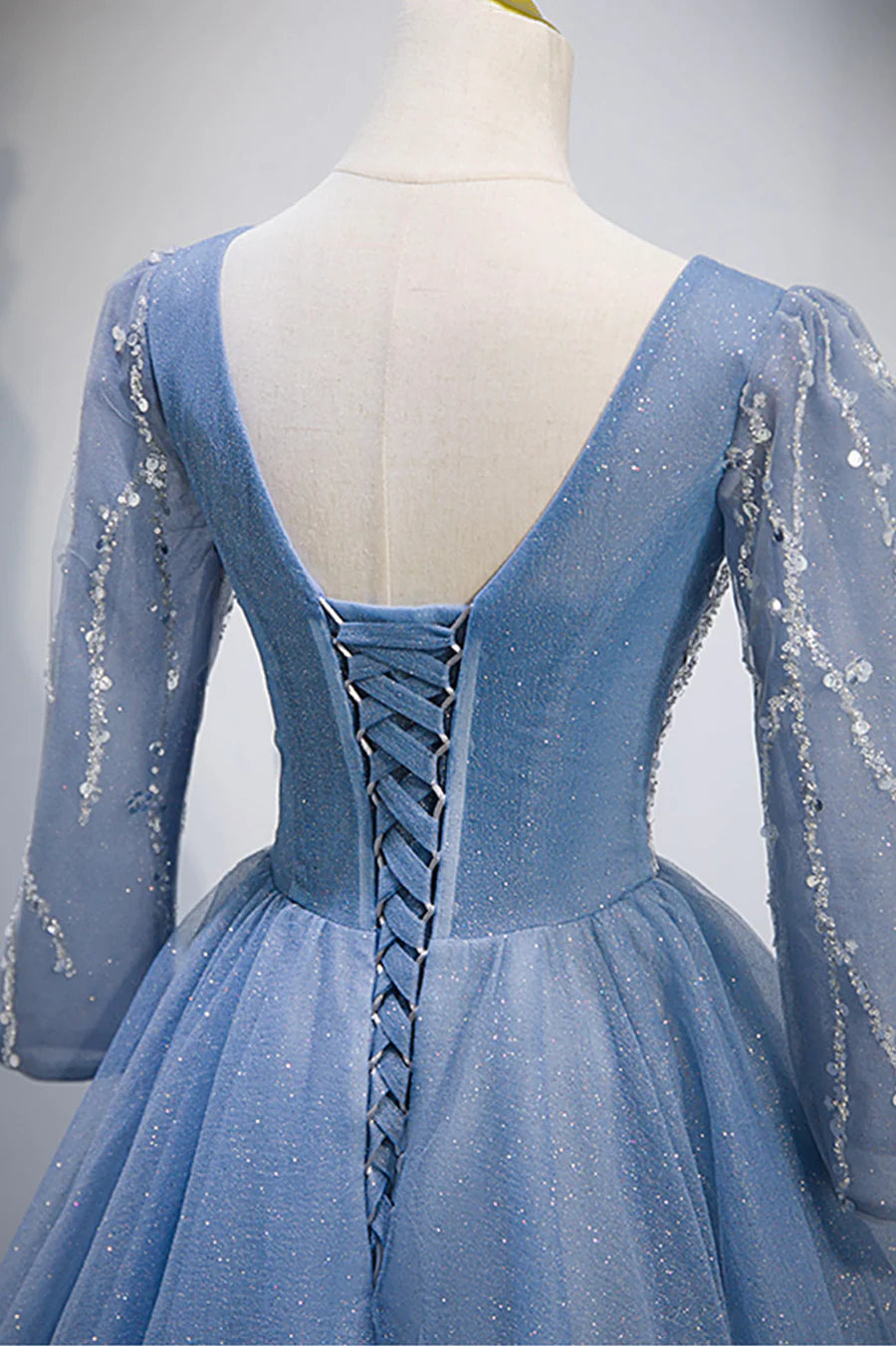 Previous Next   Blue V-Neck Tulle Beading Long Prom Dresses, Long Sleeve Evening Dresses TP678