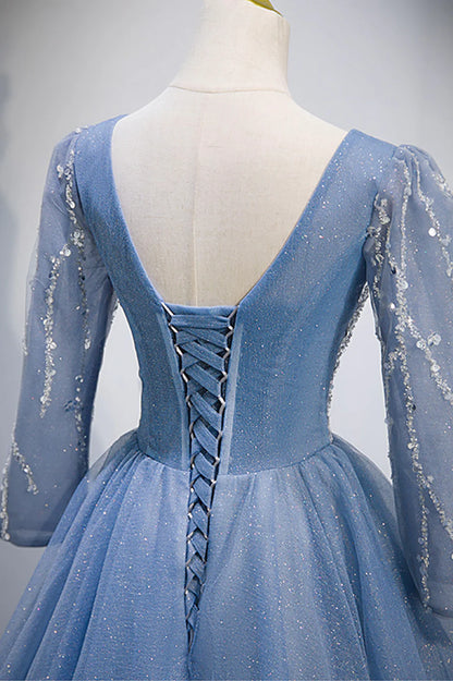 Previous Next   Blue V-Neck Tulle Beading Long Prom Dresses, Long Sleeve Evening Dresses TP678