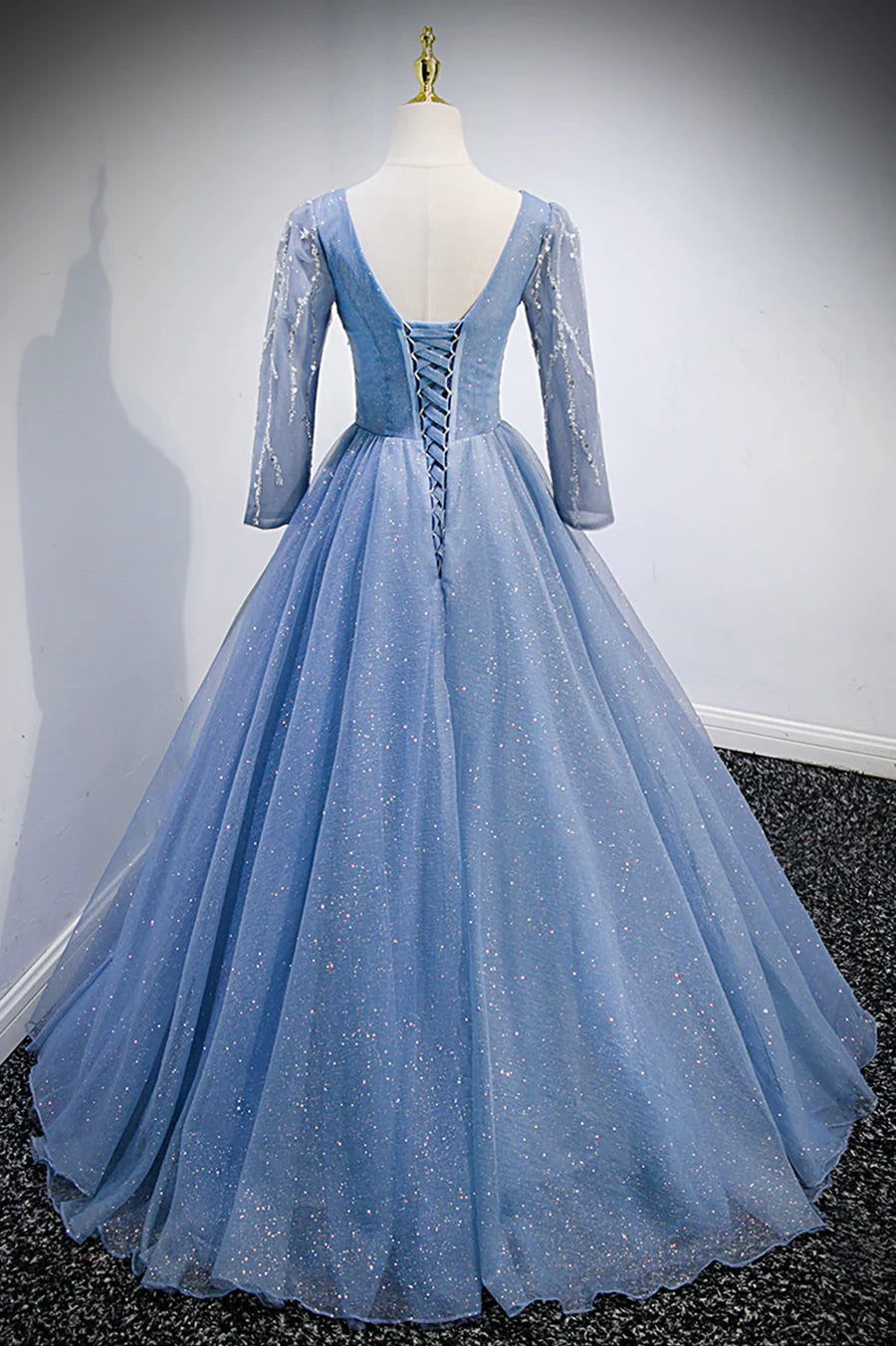 Previous Next   Blue V-Neck Tulle Beading Long Prom Dresses, Long Sleeve Evening Dresses TP678