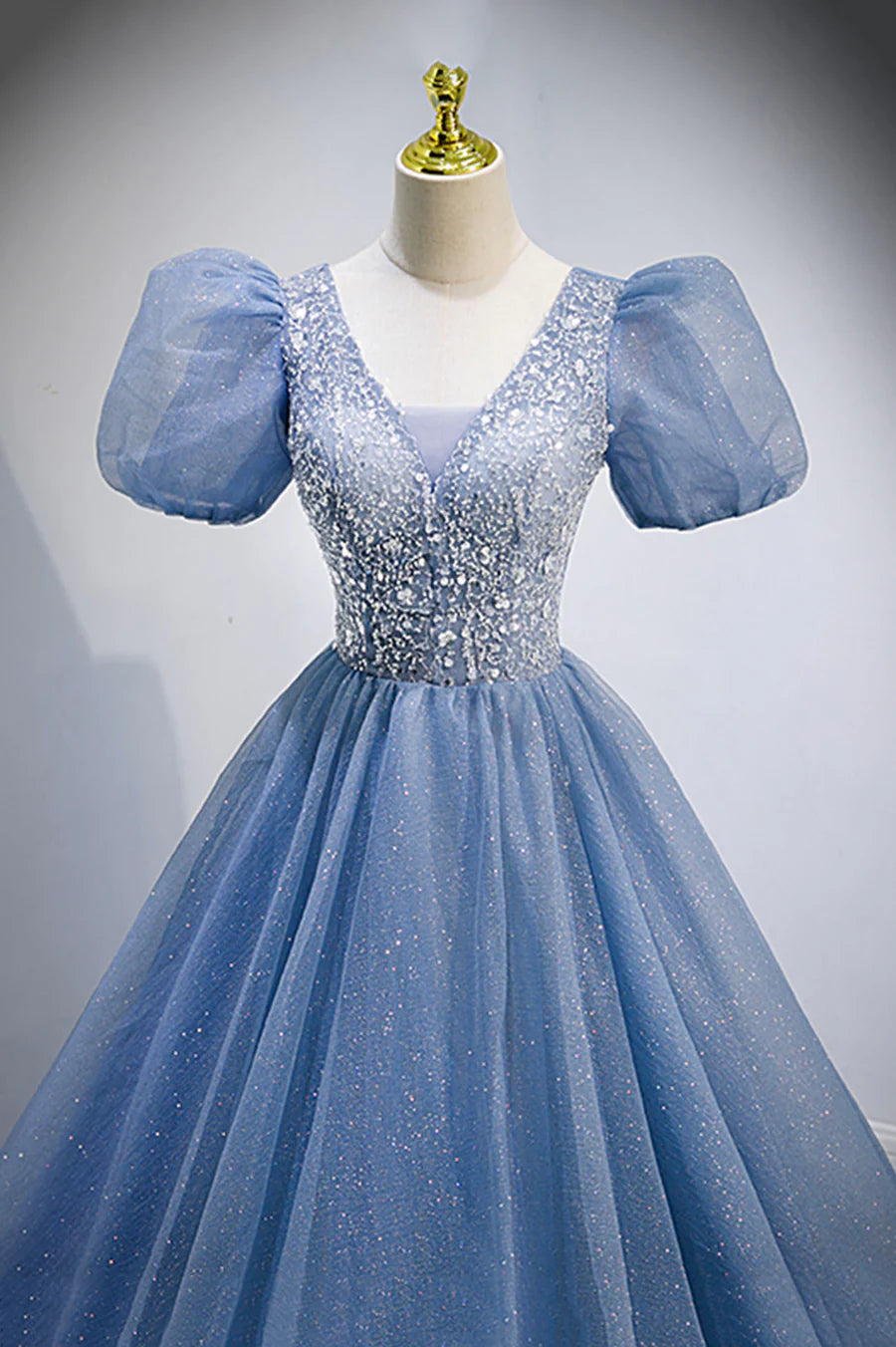 Blue V-Neck Tulle Beading Long Prom Dresses, Blue Short Sleeve Evening Dresses TP680