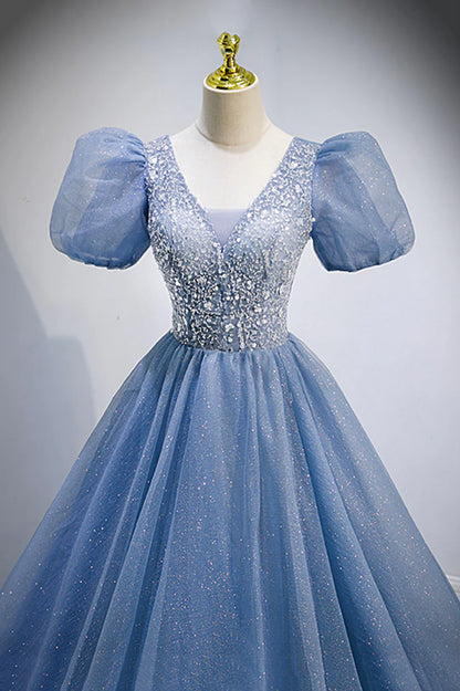 Blue V-Neck Tulle Beading Long Prom Dresses, Blue Short Sleeve Evening Dresses TP680