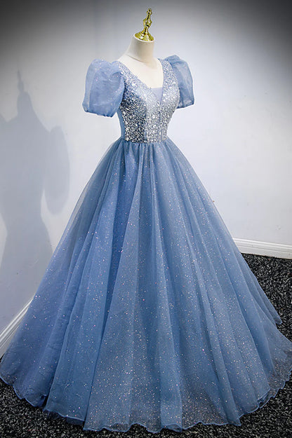 Blue V-Neck Tulle Beading Long Prom Dresses, Blue Short Sleeve Evening Dresses TP680