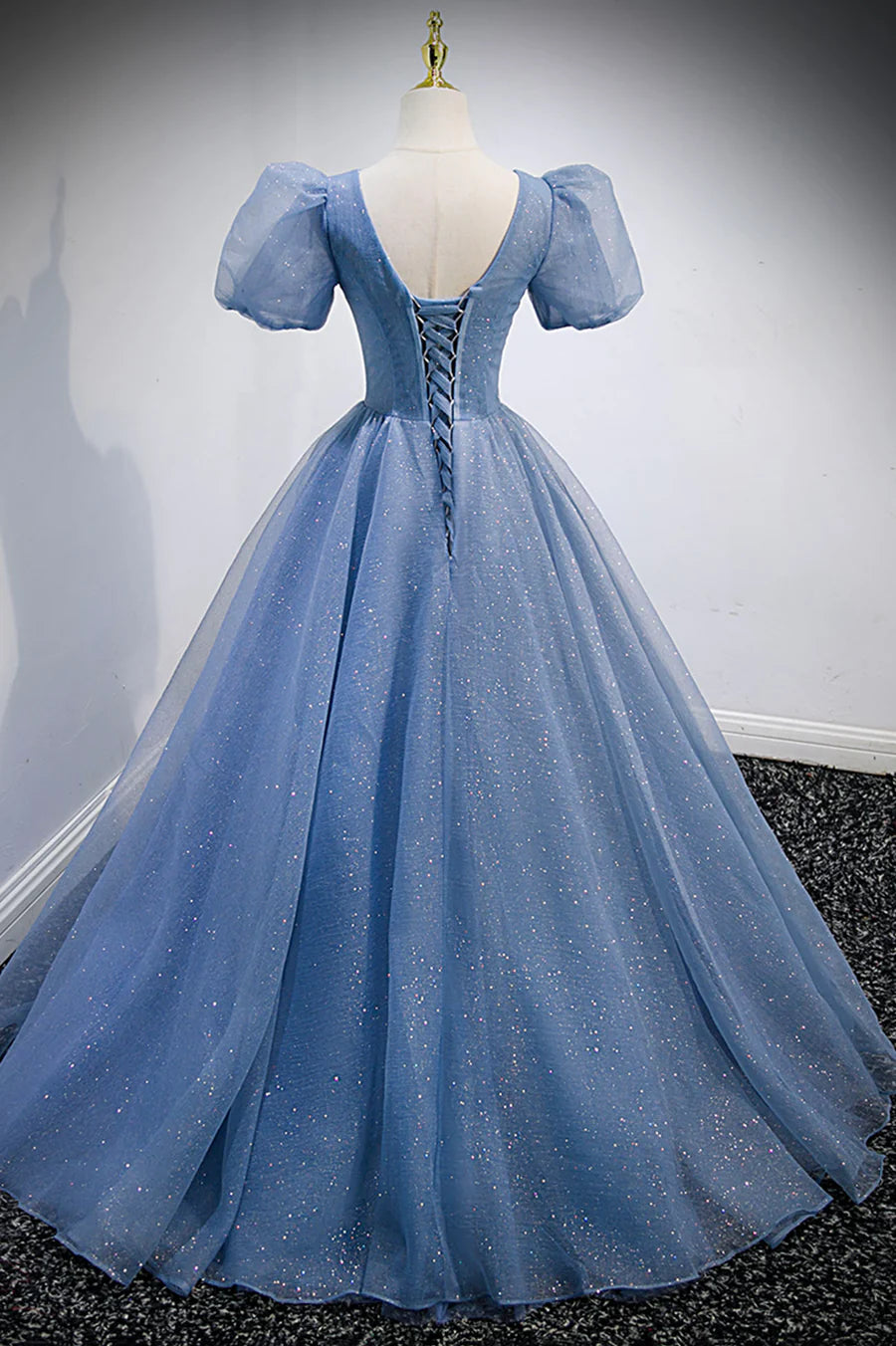 Blue V-Neck Tulle Beading Long Prom Dresses, Blue Short Sleeve Evening Dresses TP680
