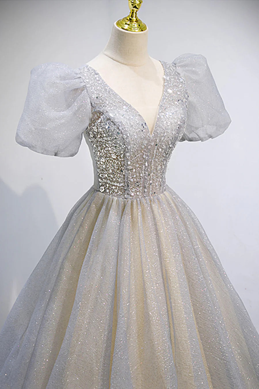Grey V-Neck Tulle Beading Long Prom Dresses, A-Line Evening Dresses TP681