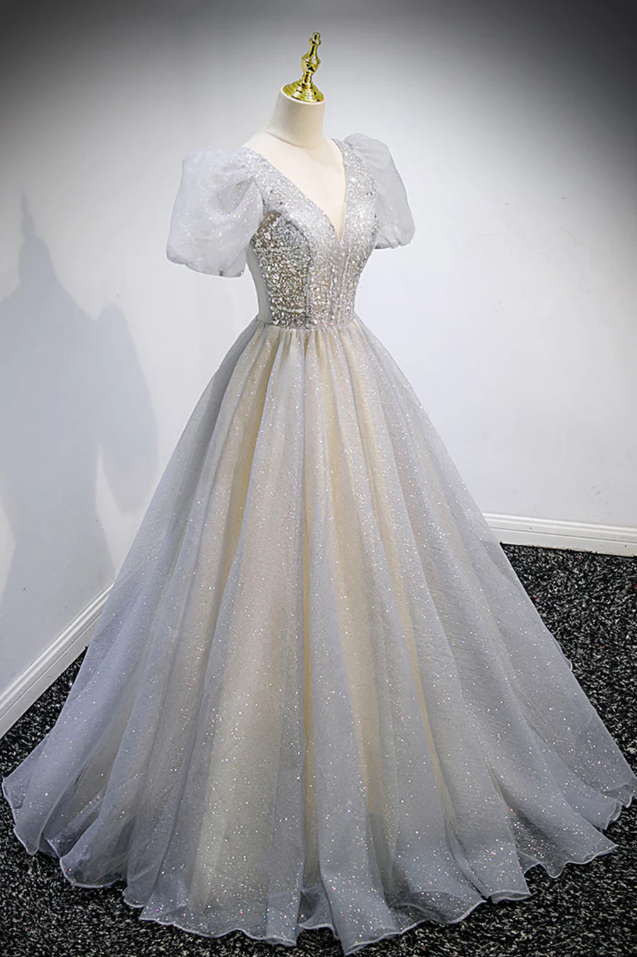 Grey V-Neck Tulle Beading Long Prom Dresses, A-Line Evening Dresses TP681