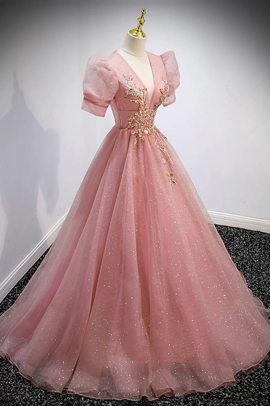 Pink V-Neck Tulle Long Prom Dresses, A-Line Short Sleeve Evening Dresses TP682