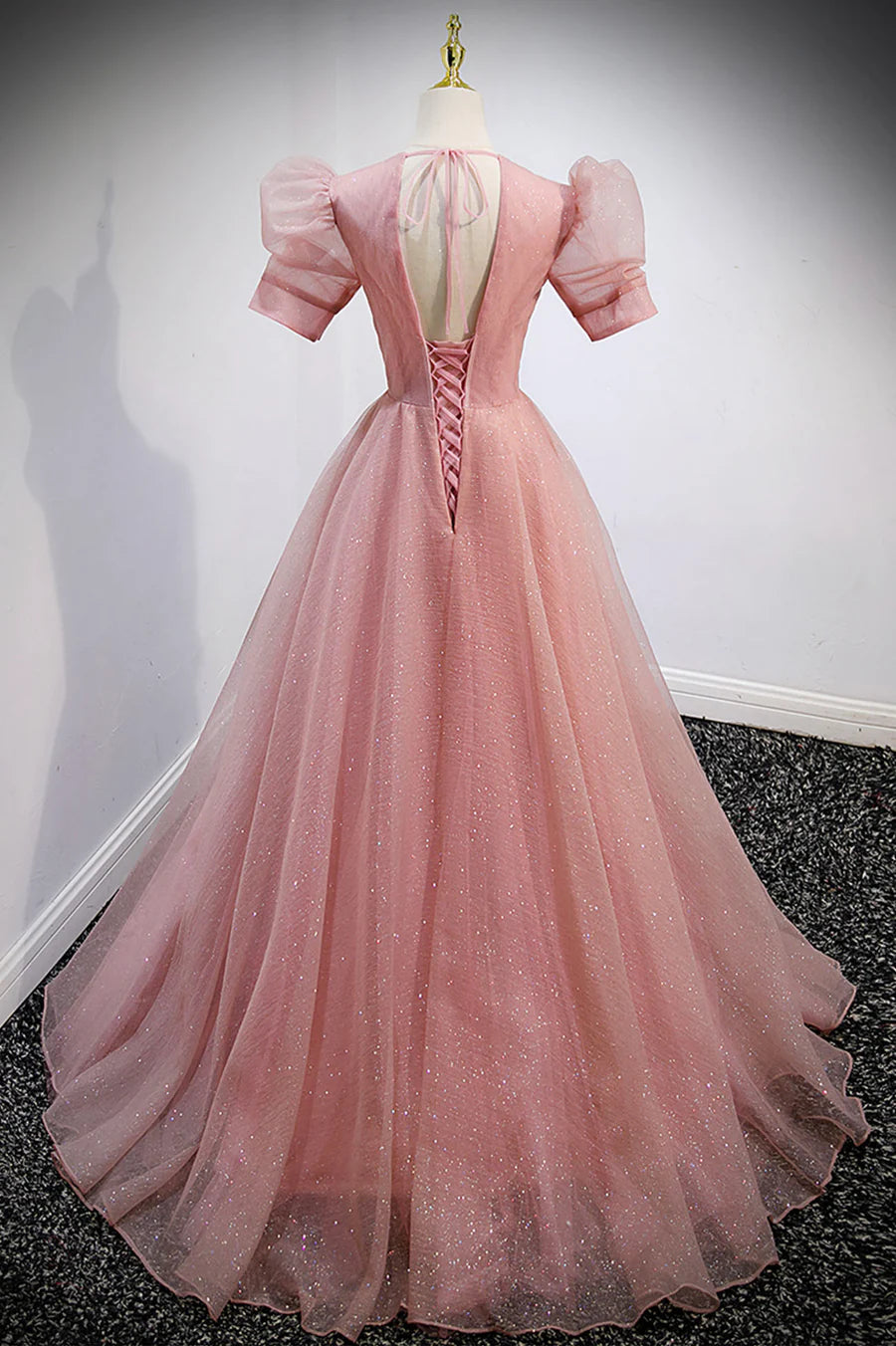Pink V-Neck Tulle Long Prom Dresses, A-Line Short Sleeve Evening Dresses TP682