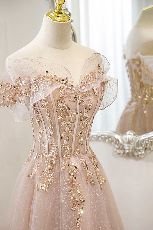 Pink Tulle Sequins Long Prom Dresses, A-Line Off the Shoulder Evening Dresses TP684