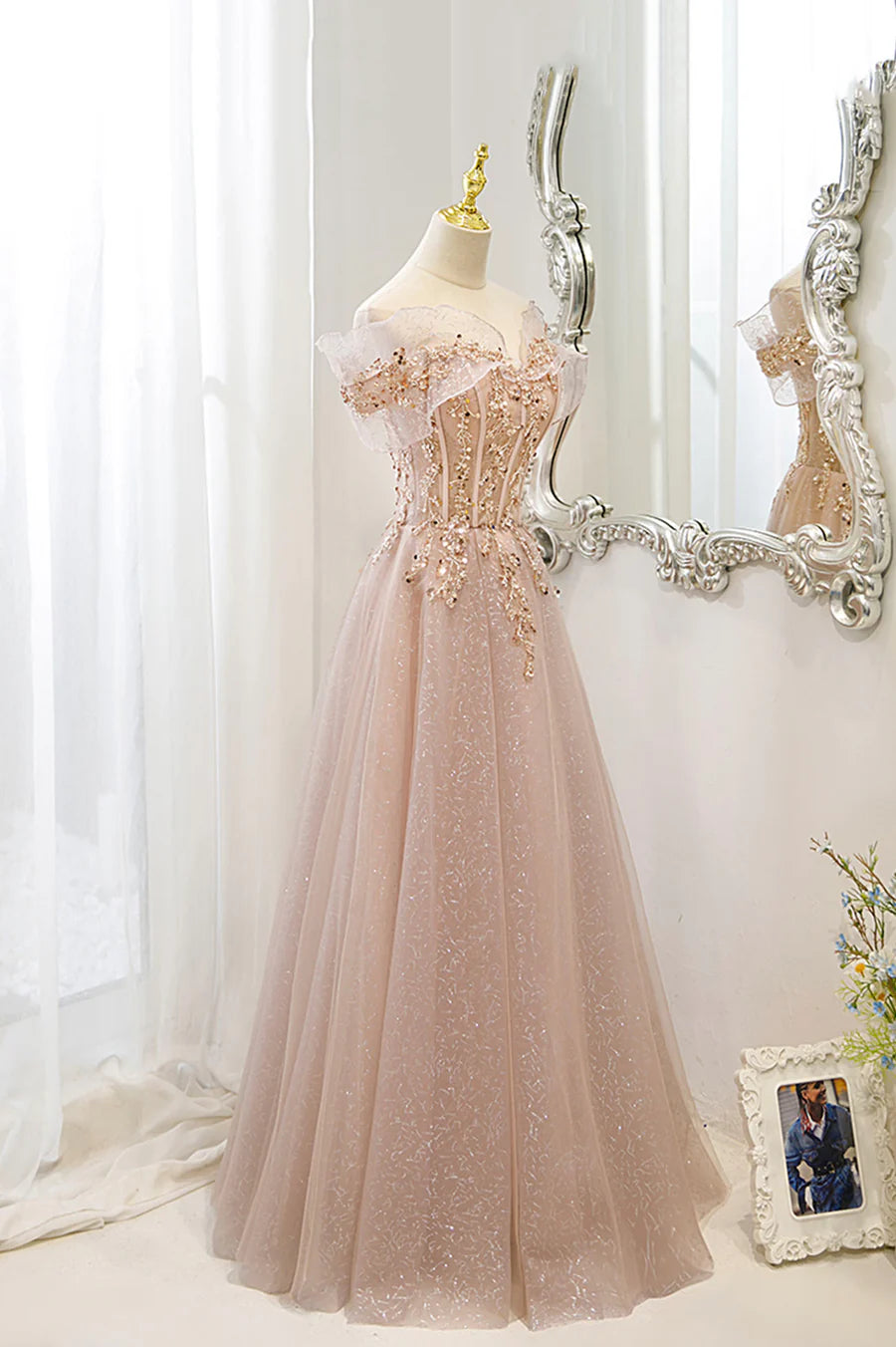 Pink Tulle Sequins Long Prom Dresses, A-Line Off the Shoulder Evening Dresses TP684
