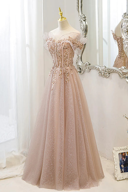 Pink Tulle Sequins Long Prom Dresses, A-Line Off the Shoulder Evening Dresses TP684