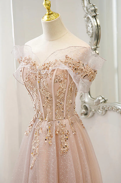 Pink Tulle Sequins Long Prom Dresses, A-Line Off the Shoulder Evening Dresses TP684