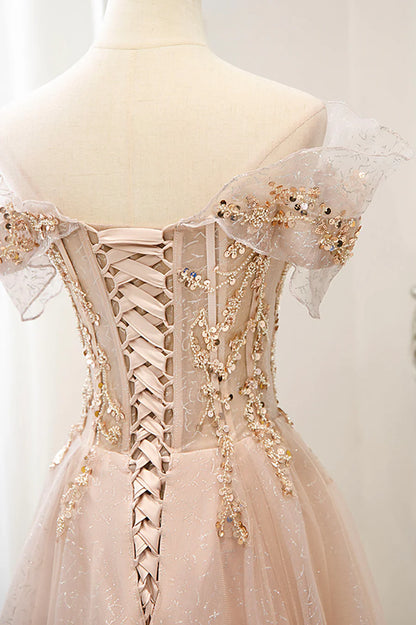 Pink Tulle Sequins Long Prom Dresses, A-Line Off the Shoulder Evening Dresses TP684