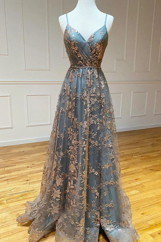 Grey Tulle Sequins Long Prom Dresses, A-Line Spaghetti Straps Evening Dresses TP685