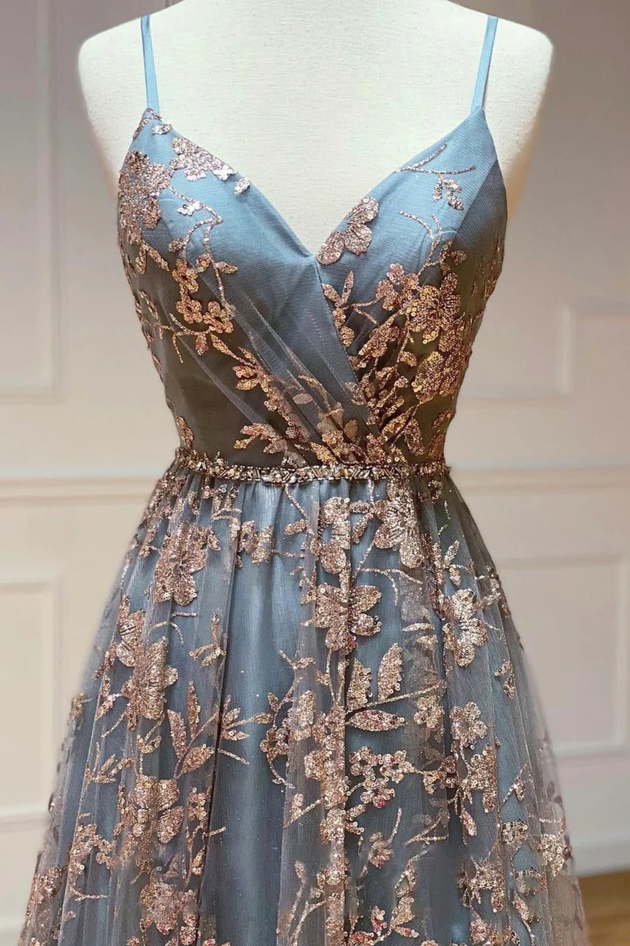Grey Tulle Sequins Long Prom Dresses, A-Line Spaghetti Straps Evening Dresses TP685