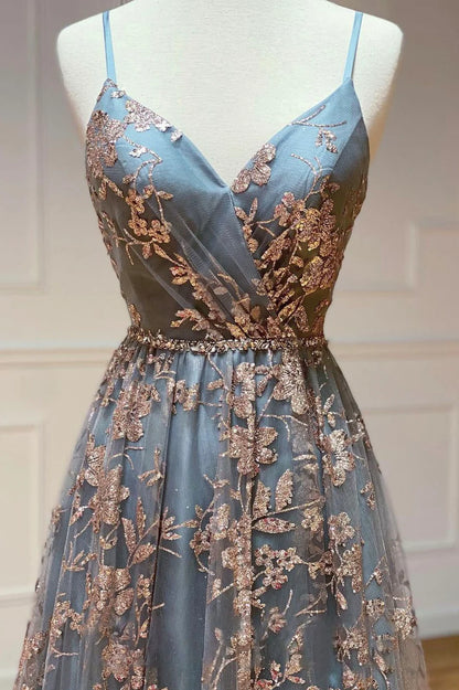 Grey Tulle Sequins Long Prom Dresses, A-Line Spaghetti Straps Evening Dresses TP685
