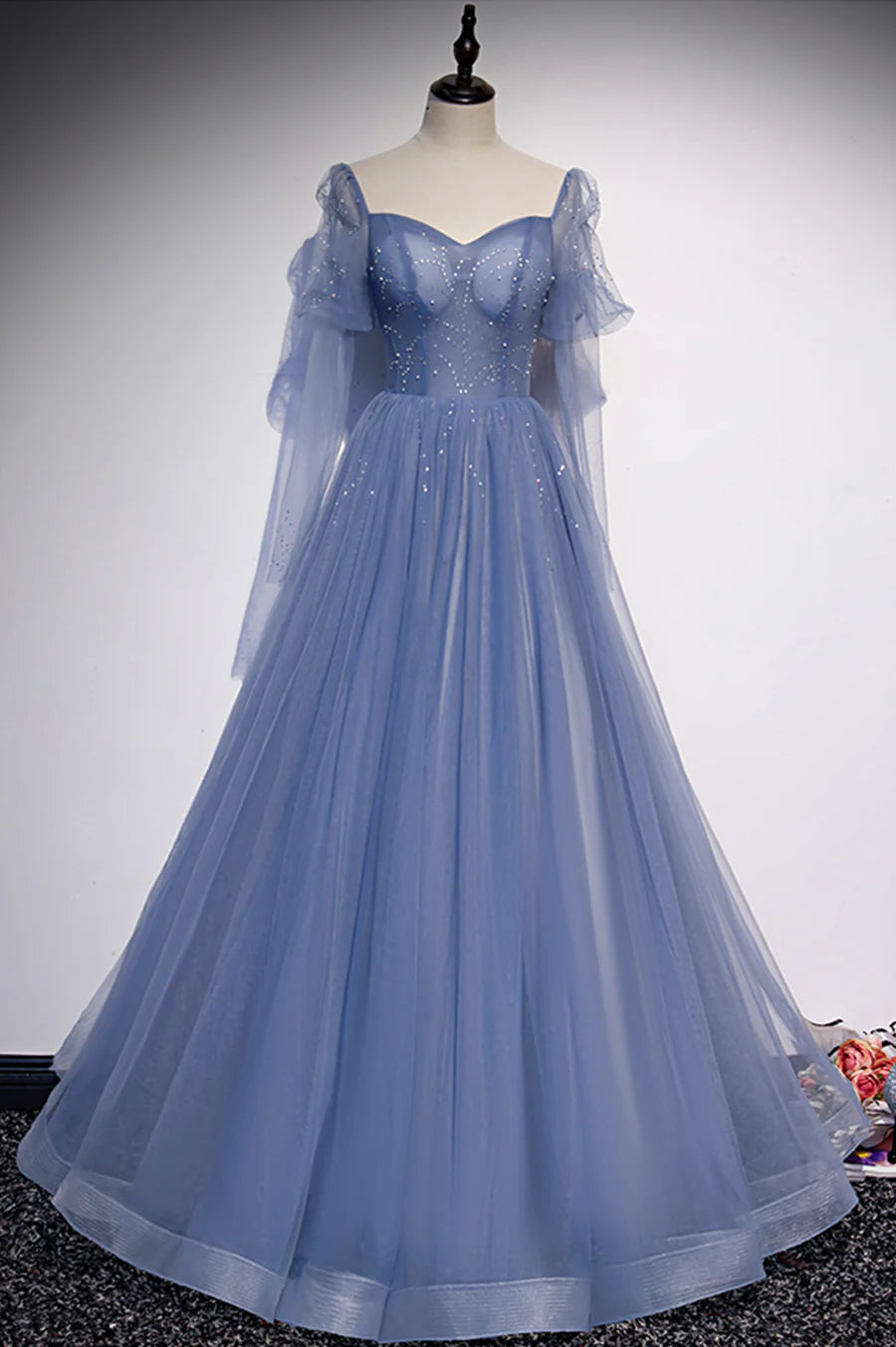 Blue Tulle Beading Long Prom Dresses, A-Line Formal Evening Dresses TP688