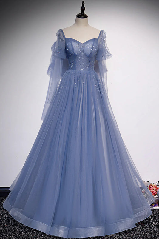 Blue Tulle Beading Long Prom Dresses, A-Line Formal Evening Dresses TP688