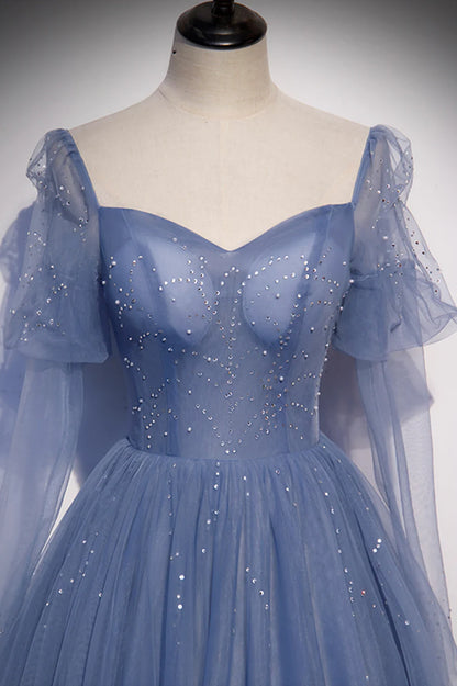 Blue Tulle Beading Long Prom Dresses, A-Line Formal Evening Dresses TP688