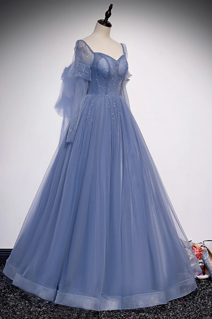 Blue Tulle Beading Long Prom Dresses, A-Line Formal Evening Dresses TP688