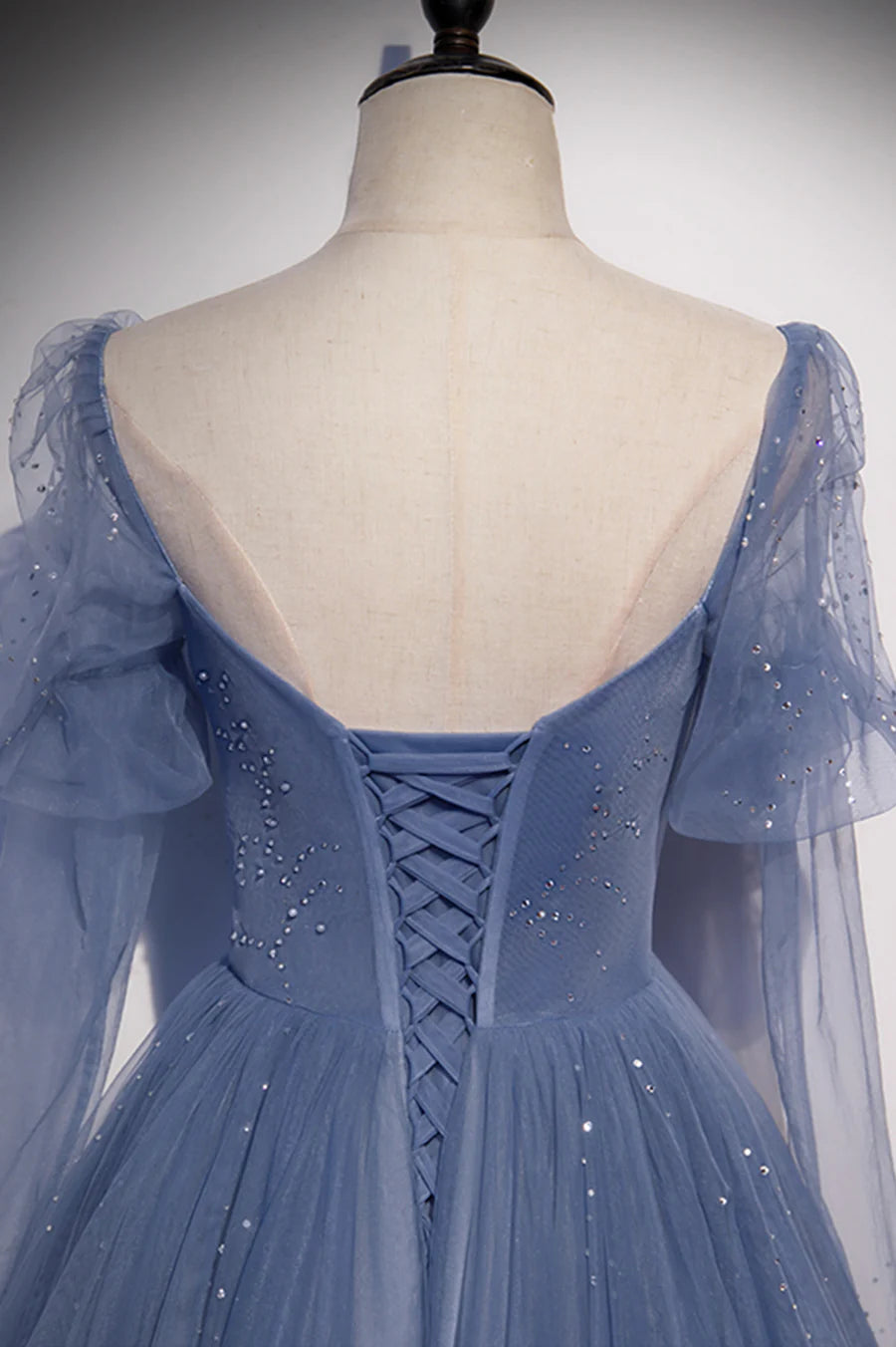 Blue Tulle Beading Long Prom Dresses, A-Line Formal Evening Dresses TP688