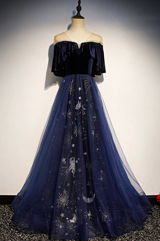 Elegant Navy Blue Applique Velvet Tulle Vintage A-Line Long Prom Dress Evening Dress TP689