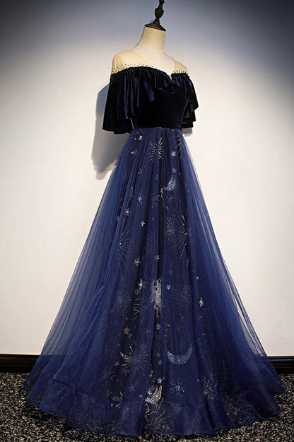 Elegant Navy Blue Applique Velvet Tulle Vintage A-Line Long Prom Dress Evening Dress TP689