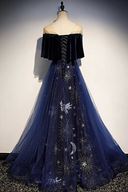 Elegant Navy Blue Applique Velvet Tulle Vintage A-Line Long Prom Dress Evening Dress TP689
