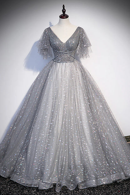 Grey V-Neck Tulle Long Prom Dresses, A-Line Evening Dresses TP690
