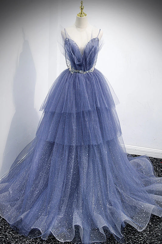 Blue Layers Tulle Long Prom Dresses, A-Line Spaghetti Straps Evening Dresses TP691