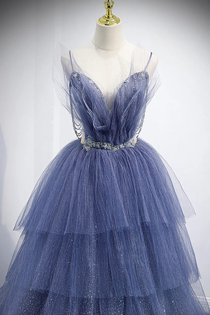 Blue Layers Tulle Long Prom Dresses, A-Line Spaghetti Straps Evening Dresses TP691