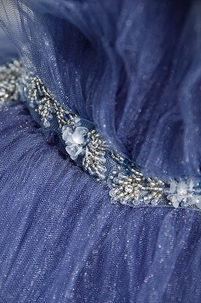 Blue Layers Tulle Long Prom Dresses, A-Line Spaghetti Straps Evening Dresses TP691