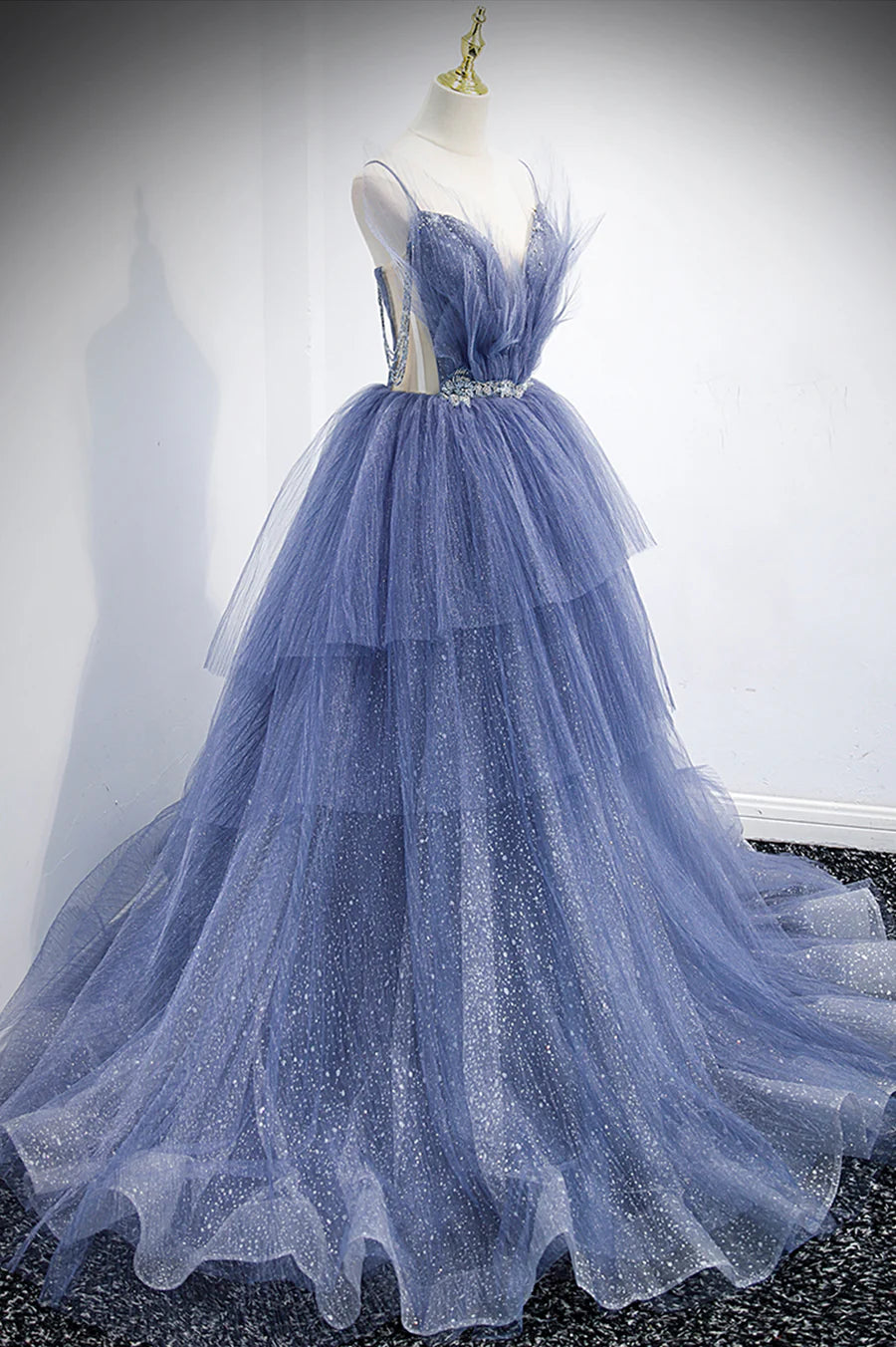 Blue Layers Tulle Long Prom Dresses, A-Line Spaghetti Straps Evening Dresses TP691
