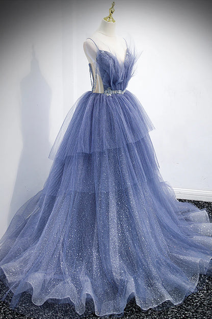 Blue Layers Tulle Long Prom Dresses, A-Line Spaghetti Straps Evening Dresses TP691