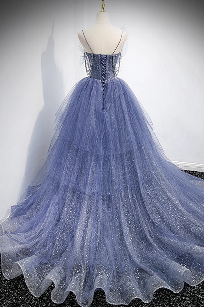 Blue Layers Tulle Long Prom Dresses, A-Line Spaghetti Straps Evening Dresses TP691