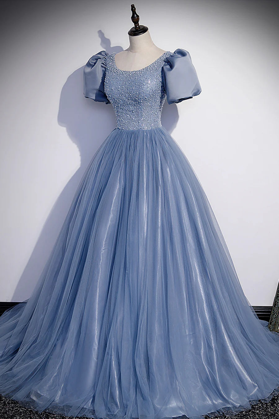 Blue Tulle Beading Long Prom Dresses, A-Line Short Sleeve Evening Dresses TP693