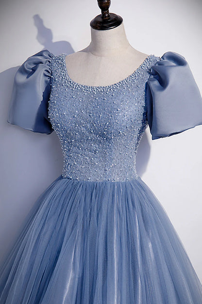 Blue Tulle Beading Long Prom Dresses, A-Line Short Sleeve Evening Dresses TP693