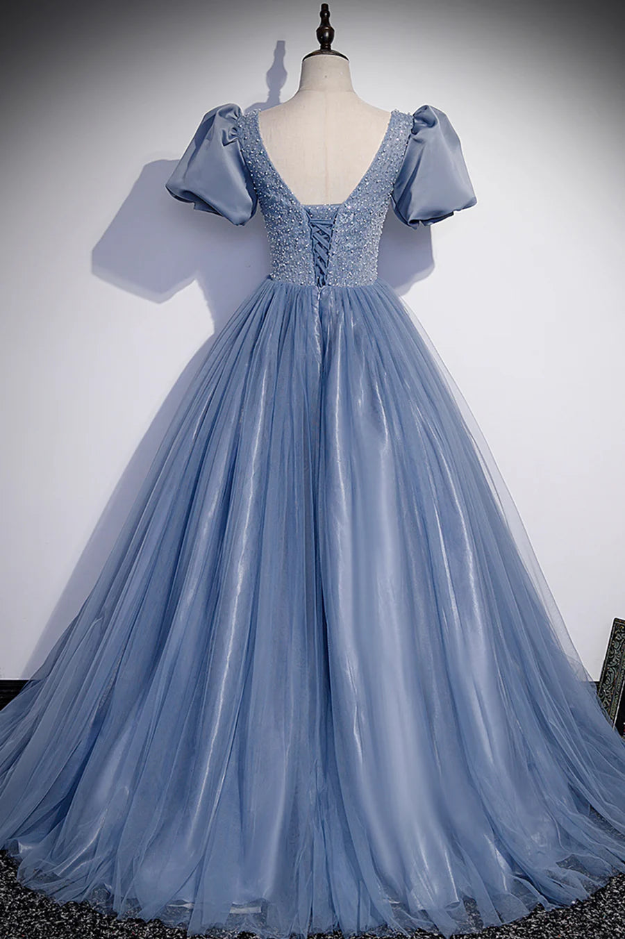 Blue Tulle Beading Long Prom Dresses, A-Line Short Sleeve Evening Dresses TP693