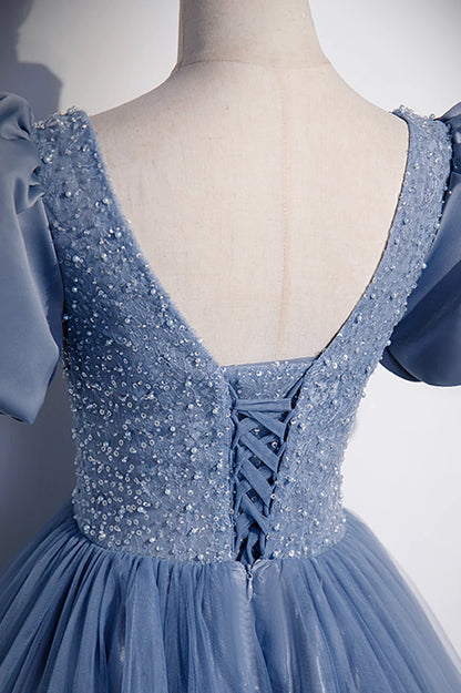 Blue Tulle Beading Long Prom Dresses, A-Line Short Sleeve Evening Dresses TP693