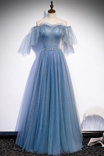 Blue Tulle Beading Long Prom Dresses, A-Line Evening Party Dresses TP695