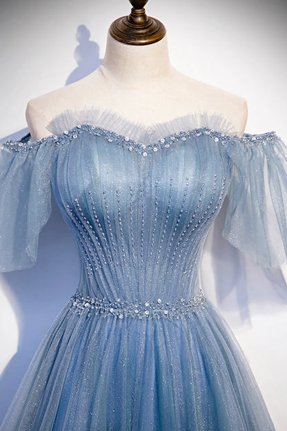 Blue Tulle Beading Long Prom Dresses, A-Line Evening Party Dresses TP695