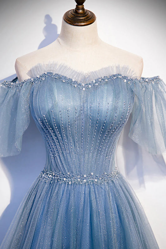 Blue Tulle Beading Long Prom Dresses, A-Line Evening Party Dresses TP695