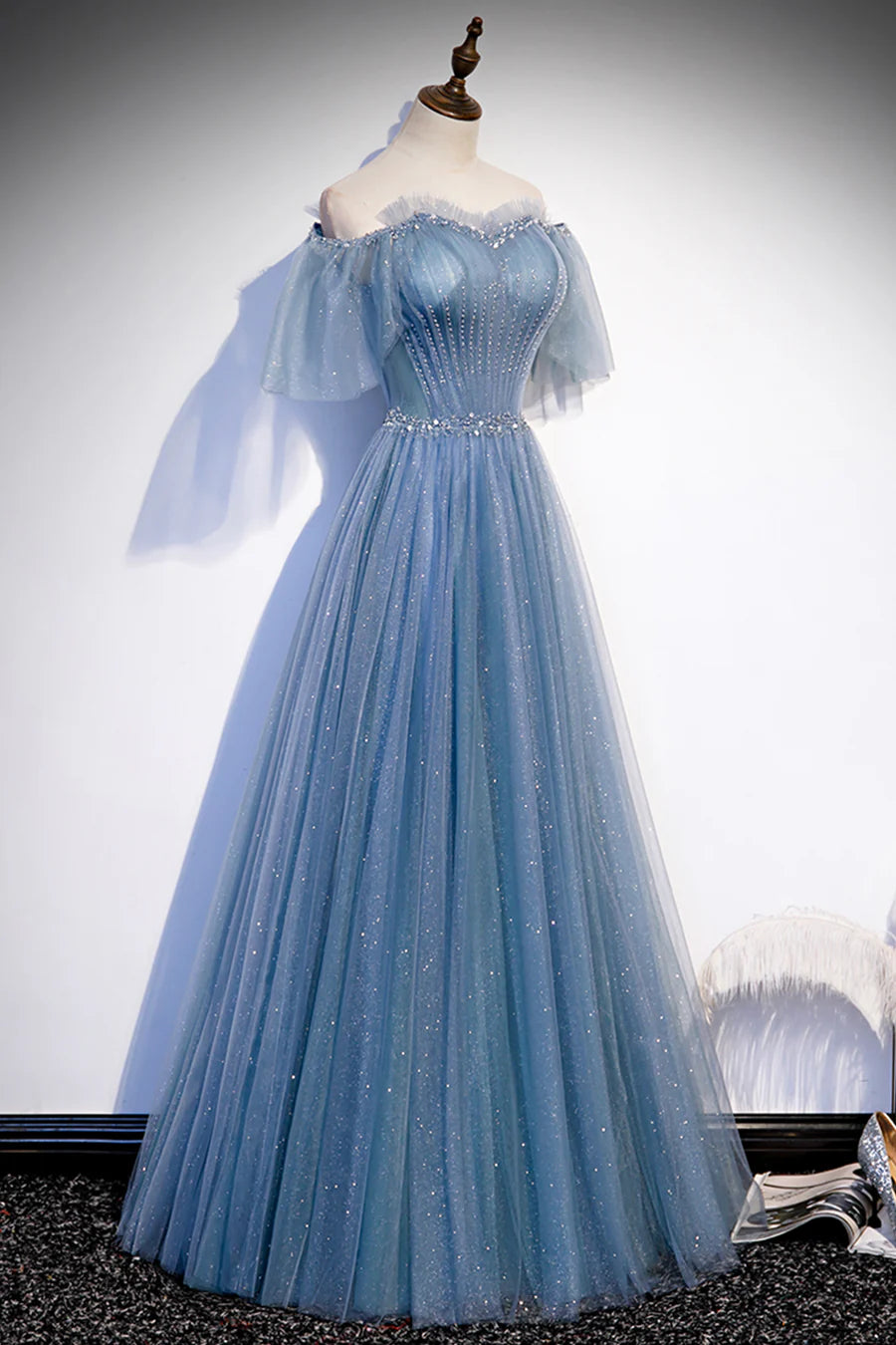 Blue Tulle Beading Long Prom Dresses, A-Line Evening Party Dresses TP695