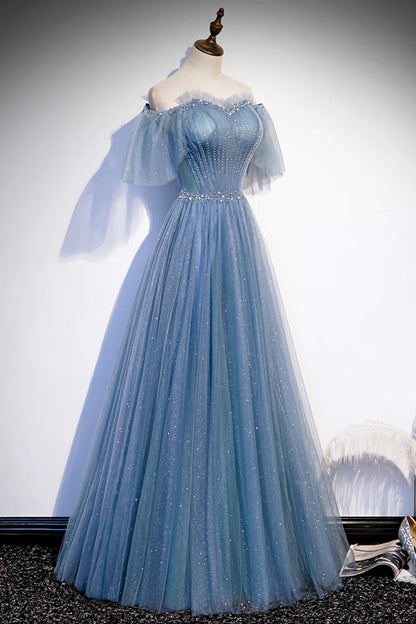Blue Tulle Beading Long Prom Dresses, A-Line Evening Party Dresses TP695
